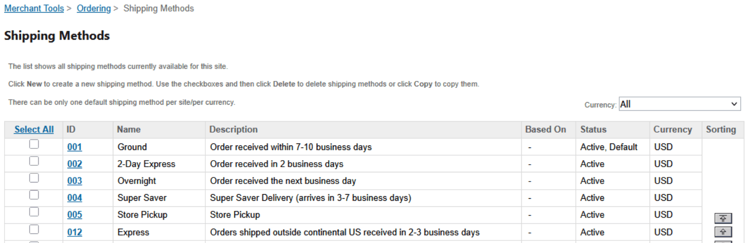 SFCC shipping methods